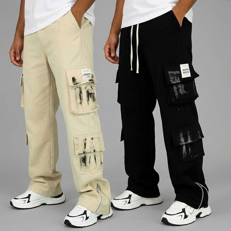 شلوار کارگو شش جیب پایین زیپ مدل sami-کرم